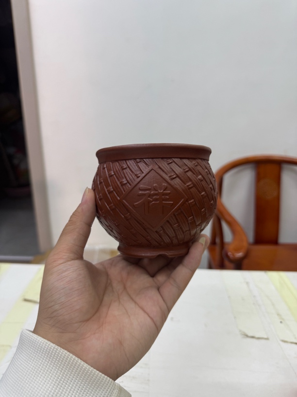 宜兴紫砂红泥紫砂花盆全手工原矿老红泥竹编景观盆铁画轩9.6x8.3