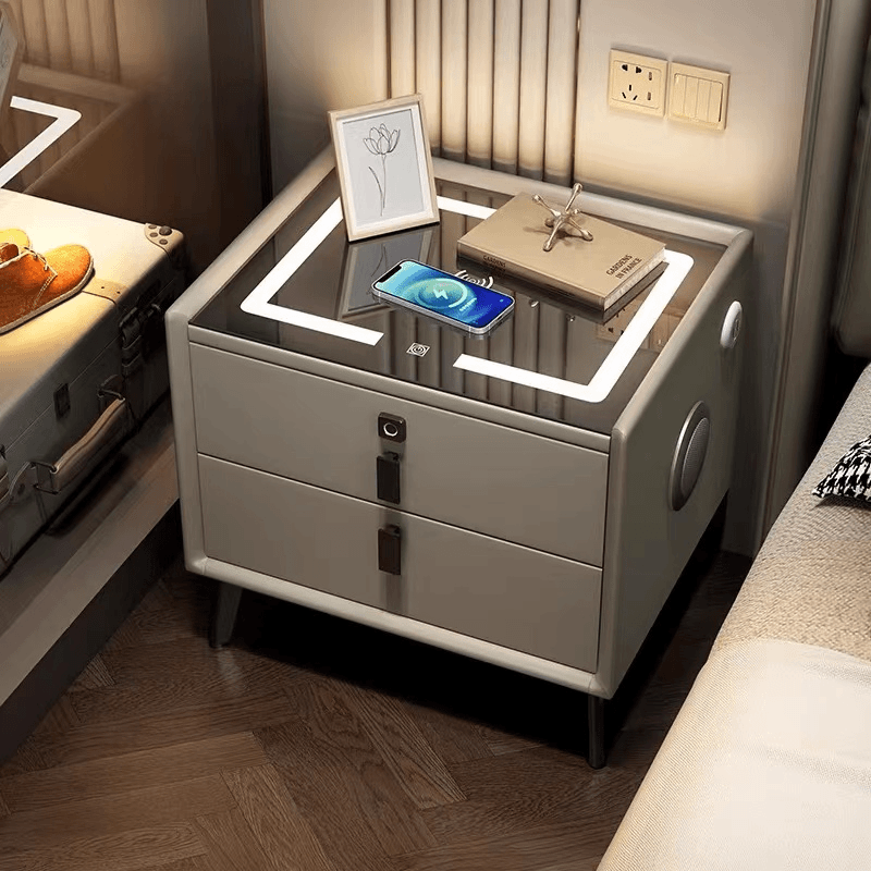 智能床头柜现代简约多功能指纹锁带灯无线充电蓝牙音响免安装皮质