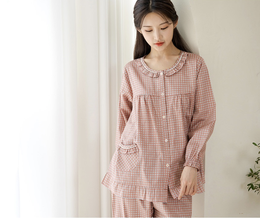 延吉成宝【韩国睡衣】 MA家～常规棉格子长袖秋冬百棉睡衣家居服