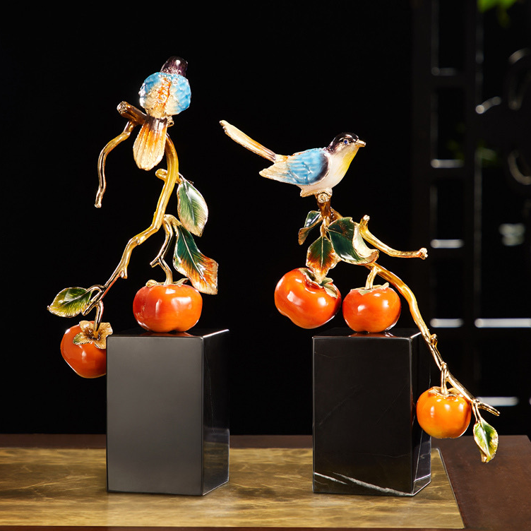 轻奢中式高档珐琅彩喜鹊摆件客厅酒柜电视柜事事如意柿子装饰 