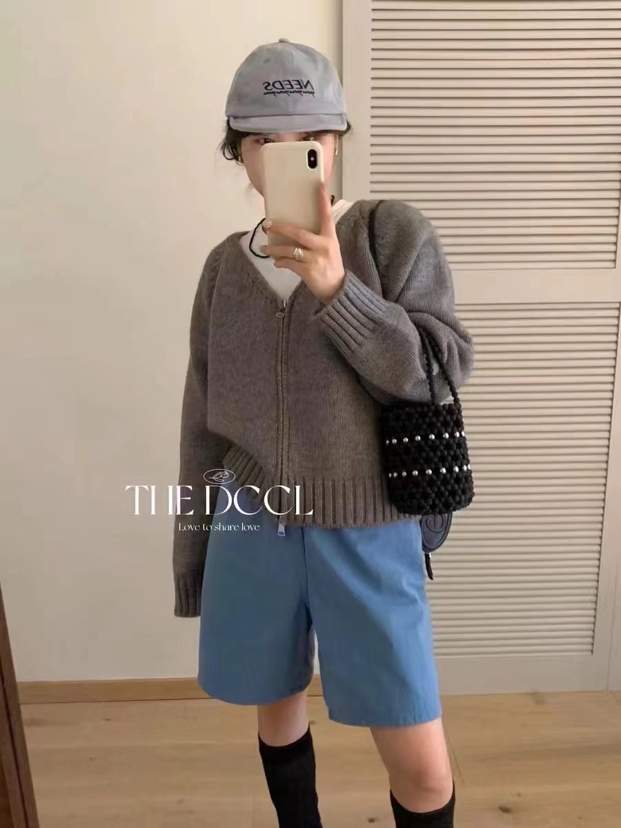 秋季新品韩系高级感双拉链毛衣外套圆领设计