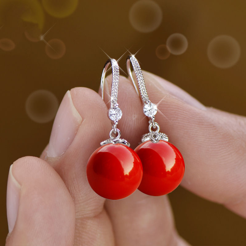 玛瑙贝珠气质名媛耳坠925纯银耳环女喜庆中国红百搭时尚时尚耳饰