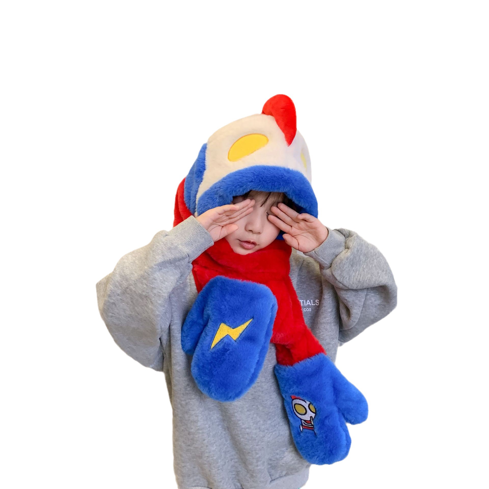 奥特曼儿童帽子围巾手套一体三件套冬季男女宝宝加绒加厚防风保暖