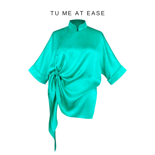 自在.雯之墨 青罗带薄荷绿桑蚕丝衬衫不规则系带时髦新中式斜襟