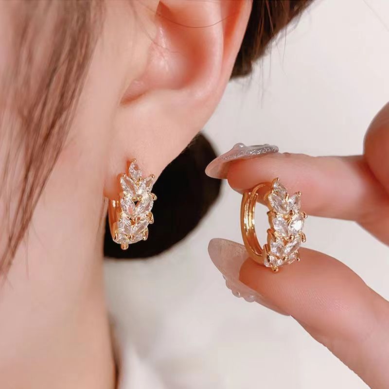 铜合金耳饰 麦穗圈圈耳扣女日常百搭锆石树叶耳环2024年新款潮