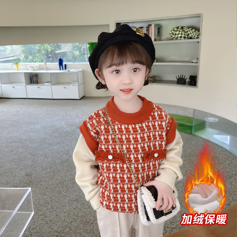 女童毛衣秋冬加厚针织衫2023新款爆款儿童洋气时髦假两件宝宝上衣