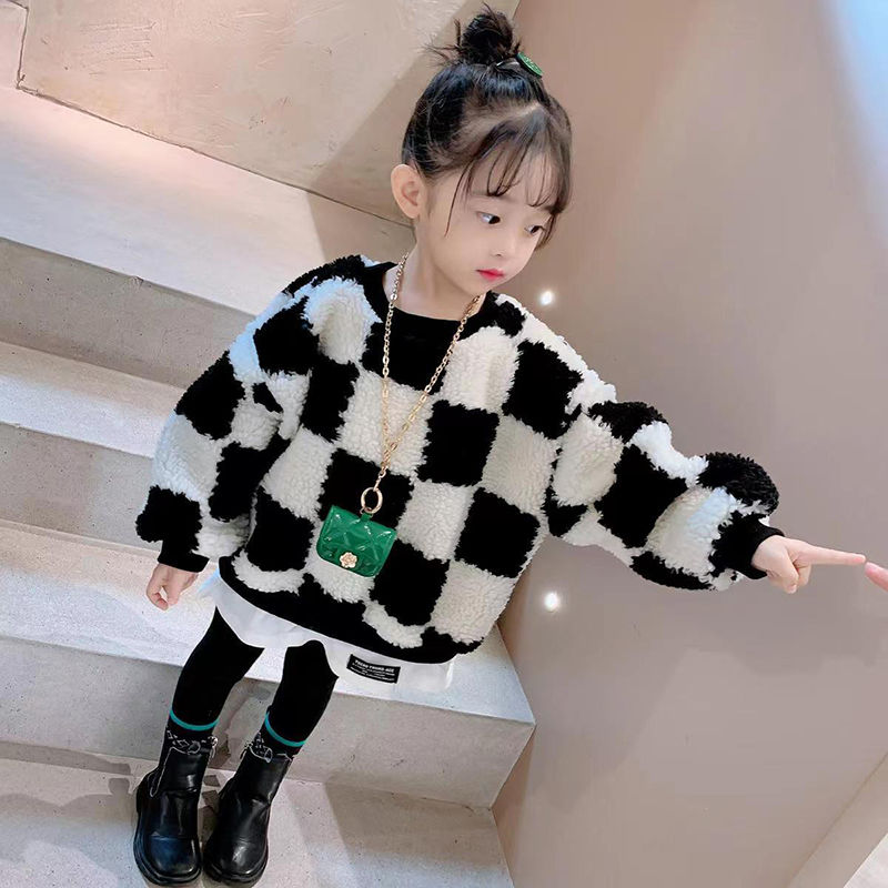 女童卫衣秋冬装新款加绒加厚时尚格子儿童洋气长袖女孩秋季上衣