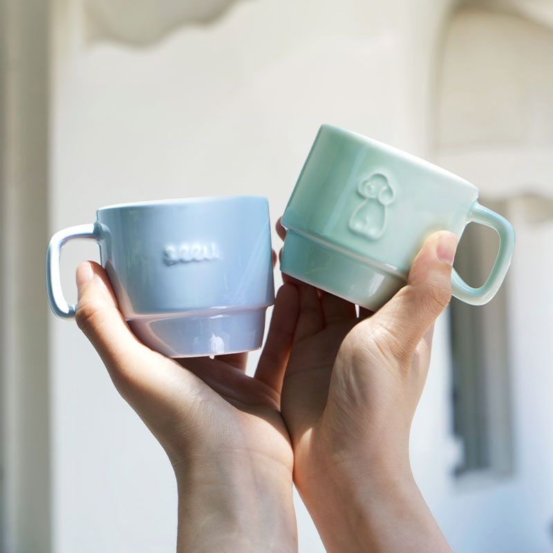 seeu丨浮雕叠叠杯小狗咖啡杯新骨瓷水杯马克杯220ml