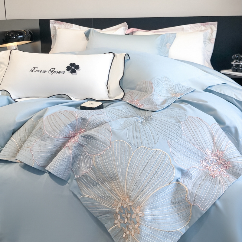 水星家纺 内购会纯色四件套100%纯棉全棉刺绣被罩轻奢被套床笠