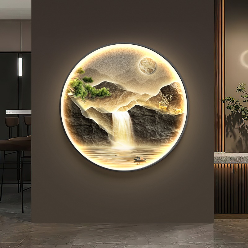 现代轻奢入户玄关装饰画流水生财走廊过道壁画圆形山水寓意好挂画