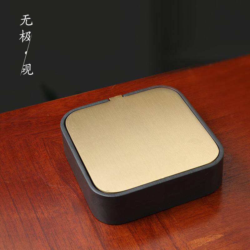 南国晴川书法水波纹歙砚四寸无极铜盖带盖砚台双用墨池不干墨保湿