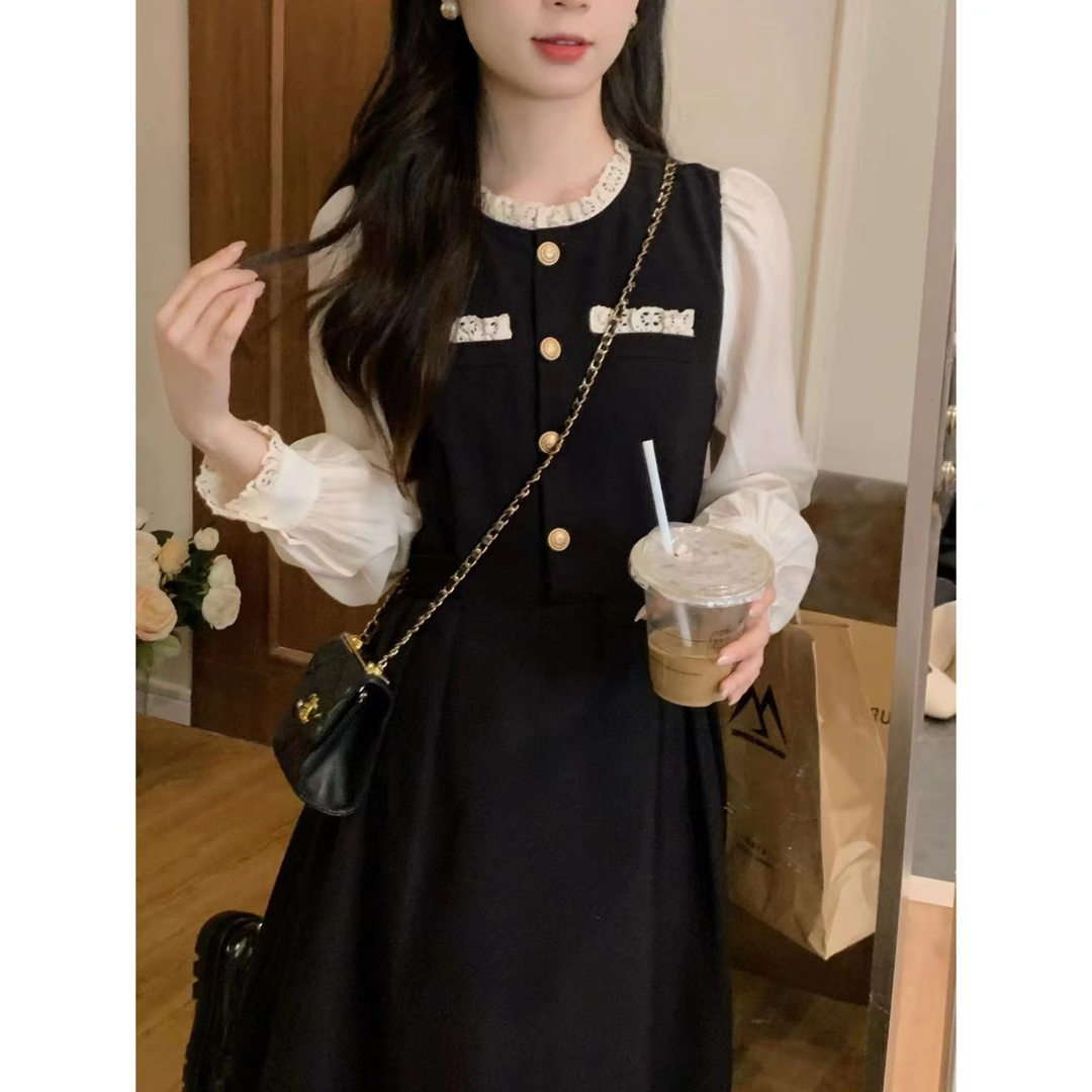 法式时尚复古气质甜美假两件小黑裙精致花边小香风拼接女装连衣裙