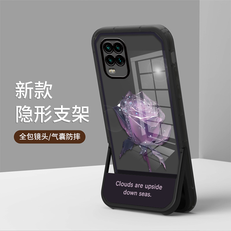 适用小米10青春版手机壳隐形支架透明硅胶防摔个性新款时尚紫玫瑰