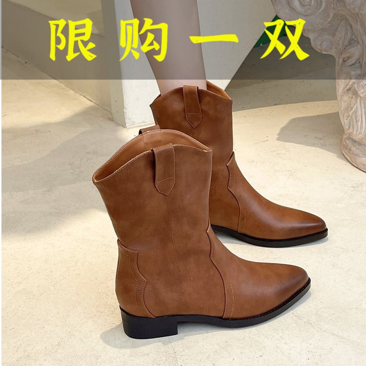 红蜻蜓牌真皮西部牛仔靴女2023早秋新复古尖头中筒靴套筒V口薄