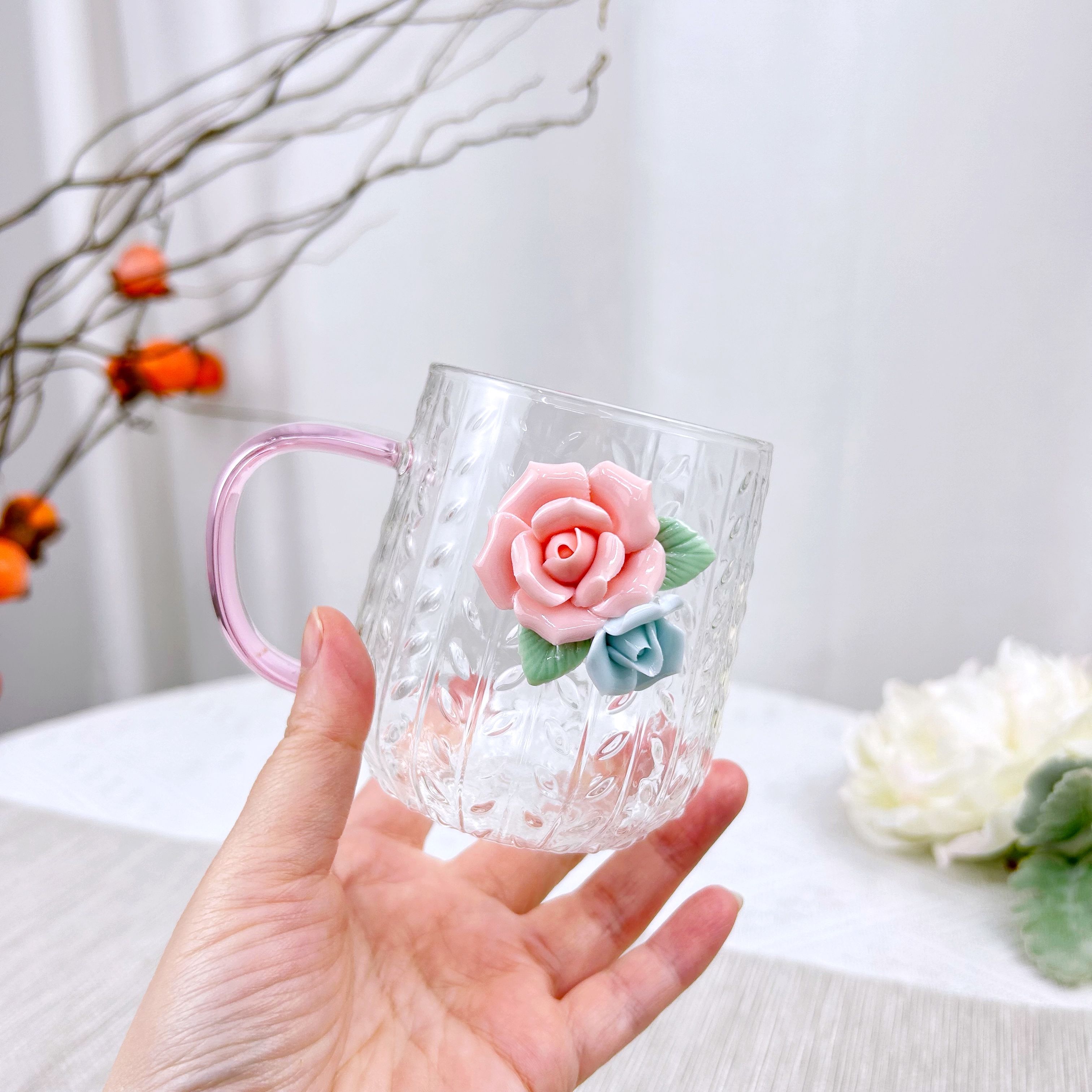 创意玻璃陶瓷少女心隔热水杯花茶捏花办公煮茶泡茶杯家用耐热餐杯