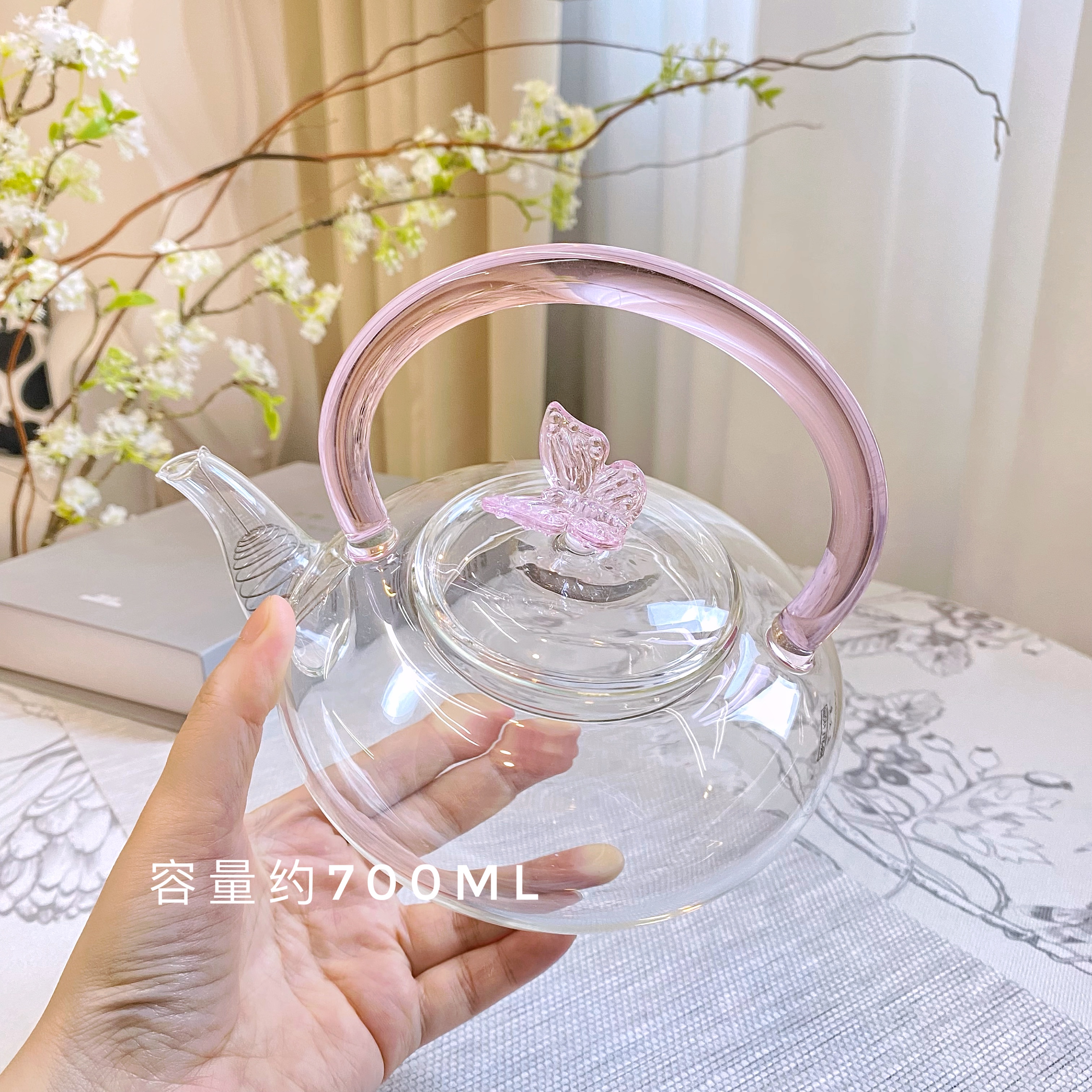 女士玻璃粉蝴蝶提梁壶玻璃茶壶花茶壶烧水壶耐冷耐热大容量茶壶