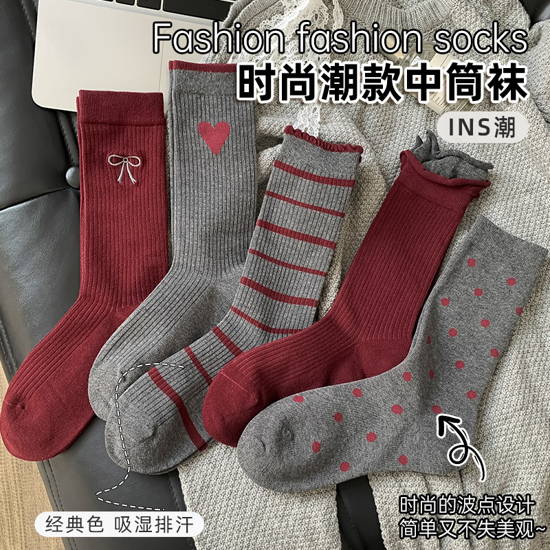 安可拉红袜子女秋冬季中筒袜复古酒红灰色蝴蝶结堆堆长袜