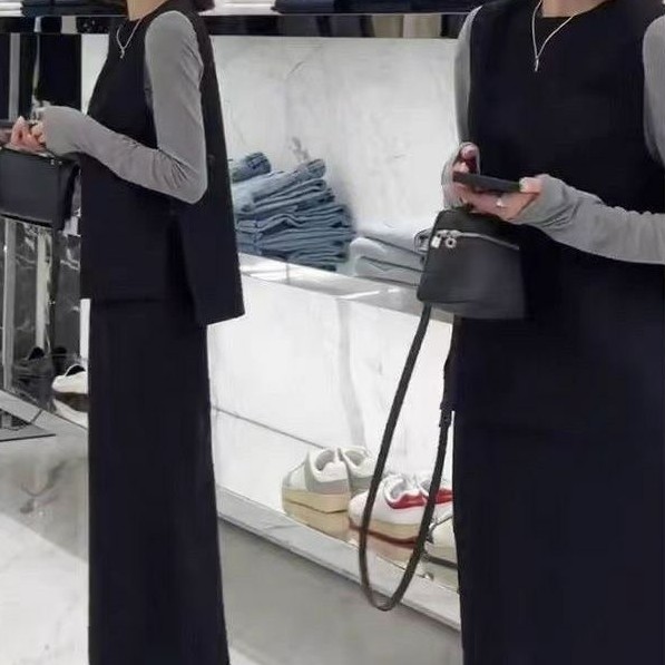 1新款气质法式洋气黑色马甲高腰休闲半身裙女装