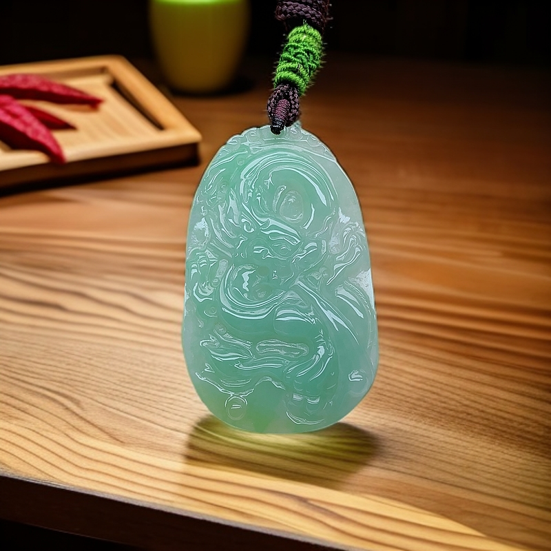 023~天然翡翠A货冰透精雕满绿生意兴龙吊坠高贵精美绿色龙牌挂件