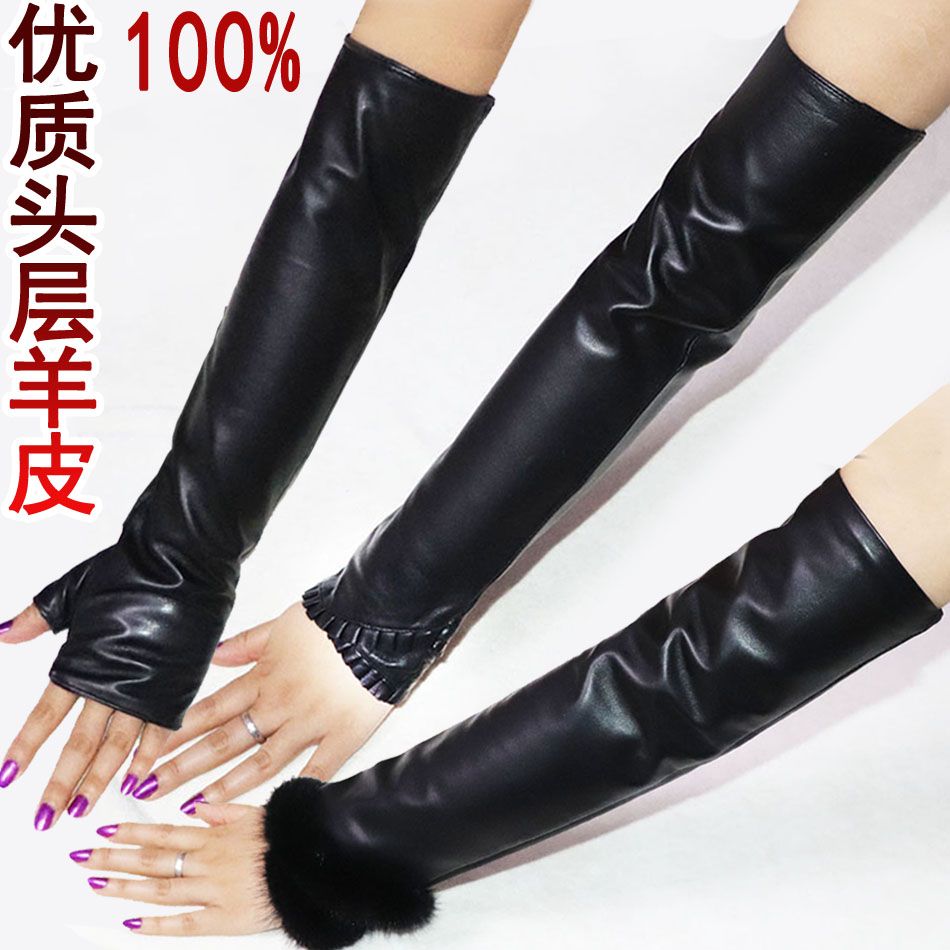 女士真皮手套羊皮秋冬季薄加绒加厚花边保暖套袖手臂套袖套皮袖子