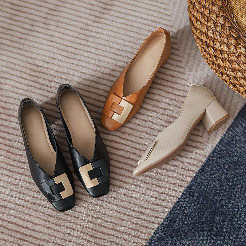 真皮不累脚浅口高跟鞋女气质新款吸汗方头奶奶鞋中跟粗跟平底单鞋