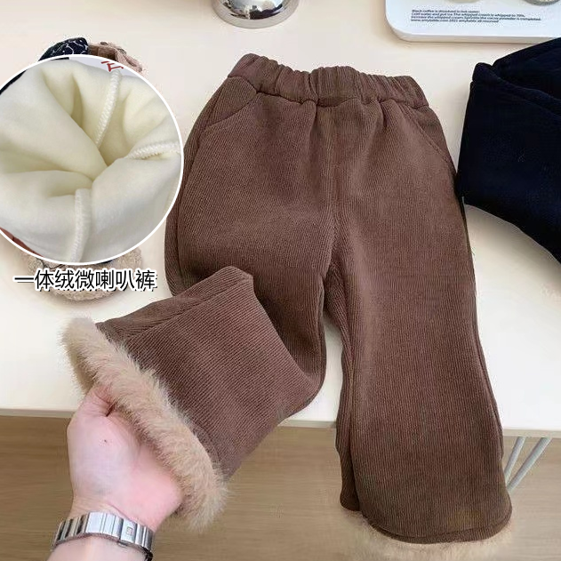 2023女童最新款冬季裤子韩版洋气一体绒休闲微喇叭裤宝宝加绒加厚