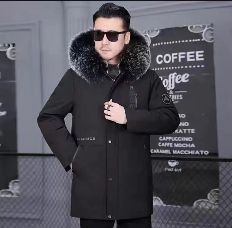 男士时尚休闲连帽中长款保暖加绒黑色男款可脱卸派克服冬季大毛领