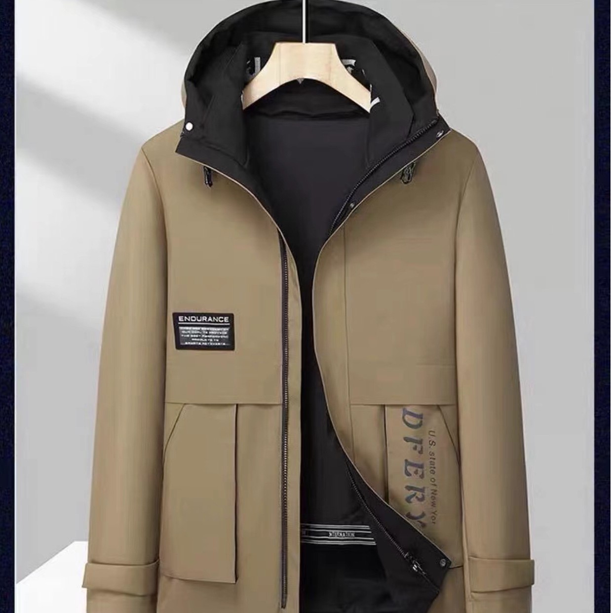 夹克休闲男款秋冬冬季中长款可脱卸派克服潮流保暖百搭连帽外套