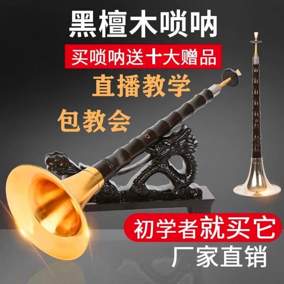【新疆包邮】乌木黑檀木唢呐乐器全套d调D调初学者入门大小号喇叭