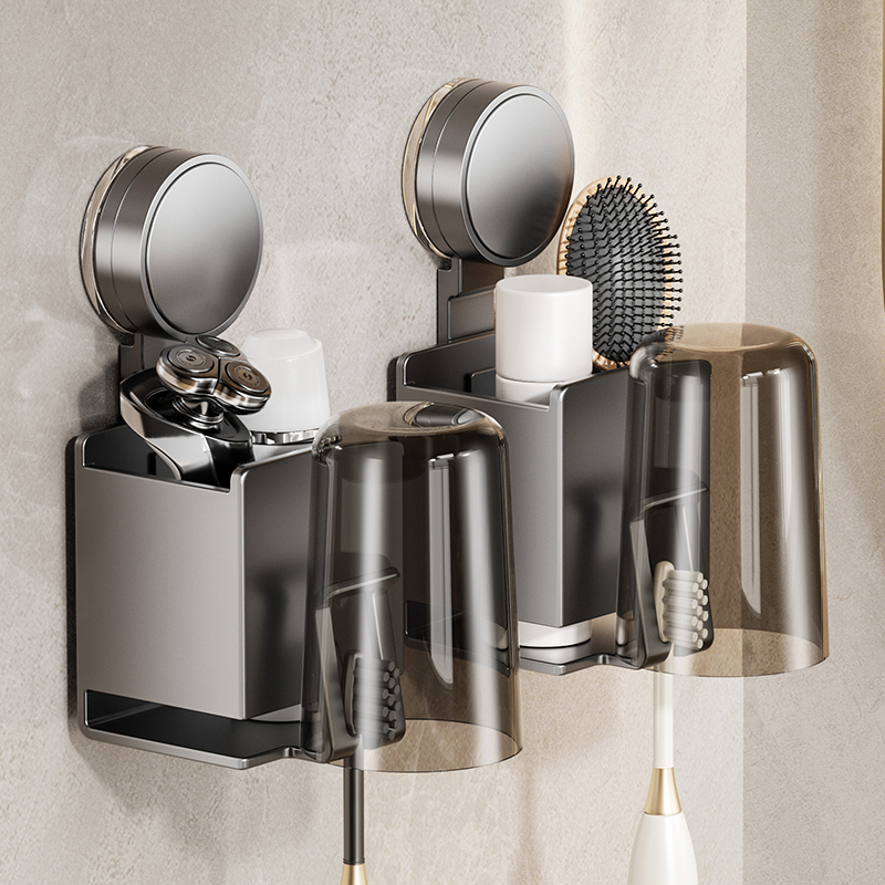 吸盘卫生间牙刷架牙刷置物架漱口杯刷牙杯收纳洗漱台剃须刀壁挂筒