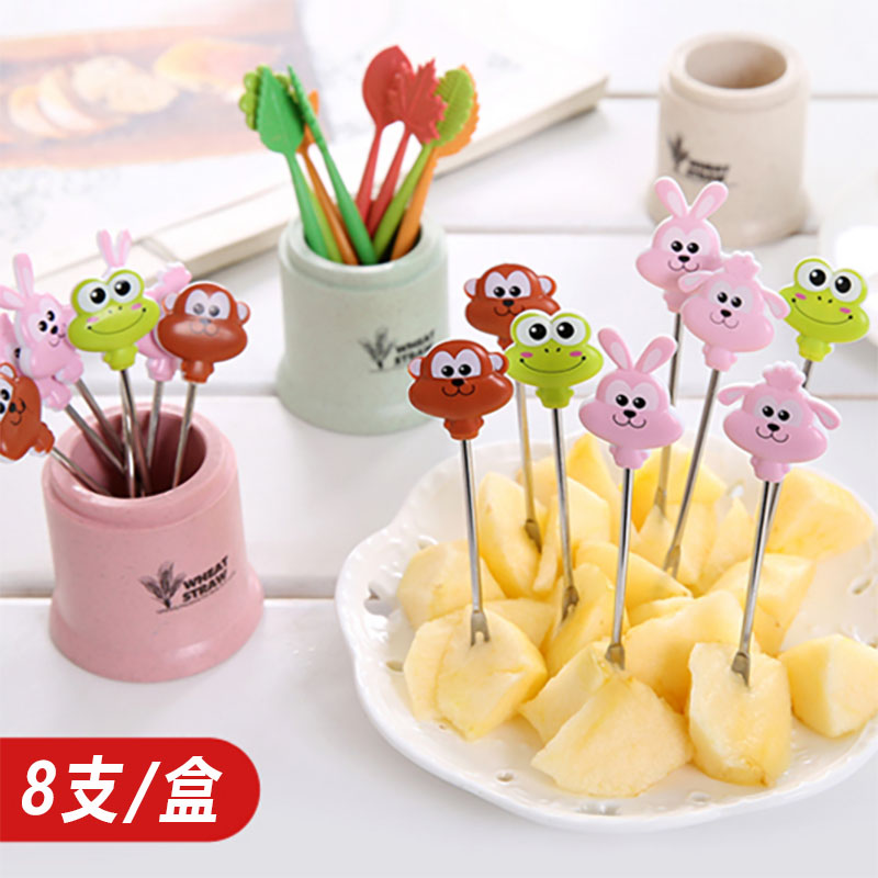 创意卡通水果叉套装陶瓷不锈钢小叉子甜口叉可爱便携水果签蛋糕叉