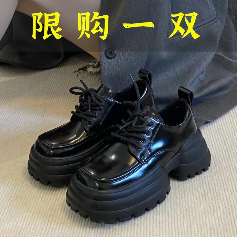 红蜻蜓牌2023新款英伦风真皮系带小皮鞋女松糕厚底乐福鞋粗跟方