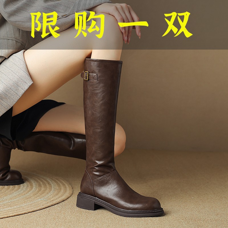 红蜻蜓牌2023秋冬新款真皮不过膝高筒靴复古圆头粗跟显瘦骑士靴