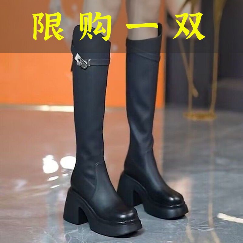 红蜻蜓牌欧美不过膝靴女厚底长靴2023年秋冬新款皮带扣粗跟显瘦