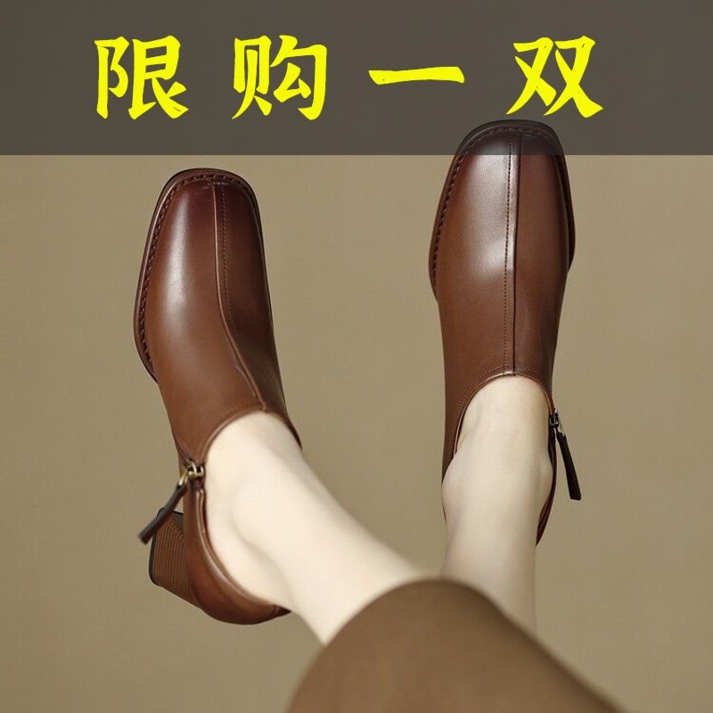 红蜻蜓牌英伦风小皮鞋女春秋法式复古深口单鞋高跟鞋百搭女鞋方