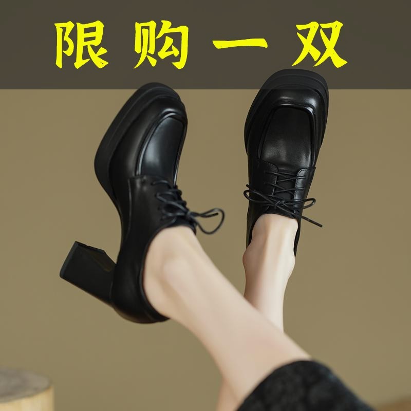 红蜻蜓牌黑色系带高跟鞋防水台粗跟真皮深口单鞋女复古英伦风小