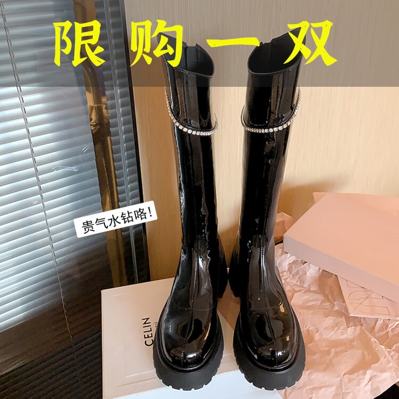 红蜻蜓牌2023新款爆款厚底加绒长靴骑士靴基础百搭水钻纯色中筒