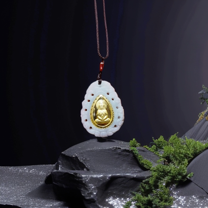 【星达臻选】足金镶嵌翡翠A货 精雕镂空观音吊坠 证书+礼盒