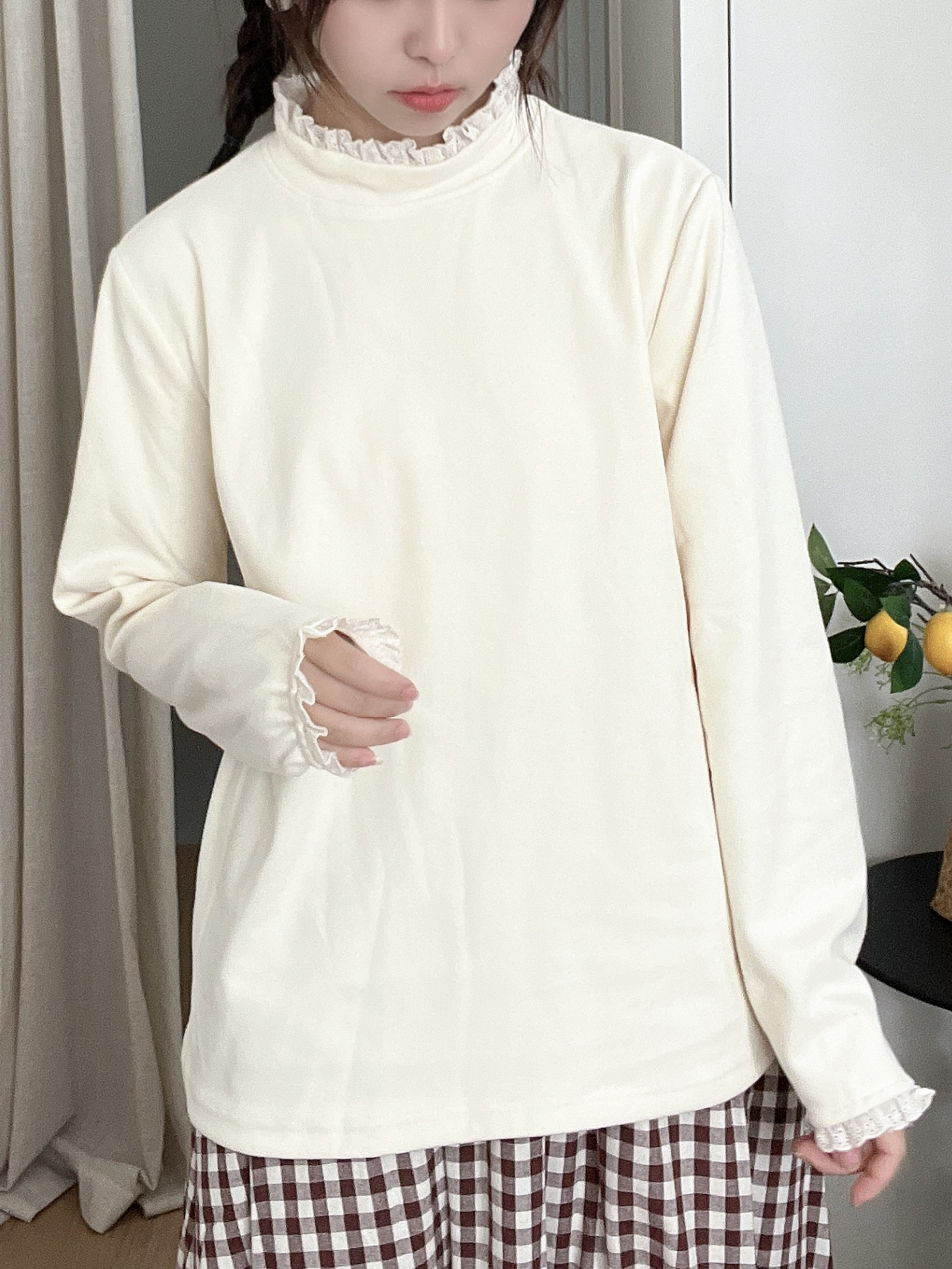 【南橘打底】百搭木耳边半高领花边长袖打底上衣森女打底衫