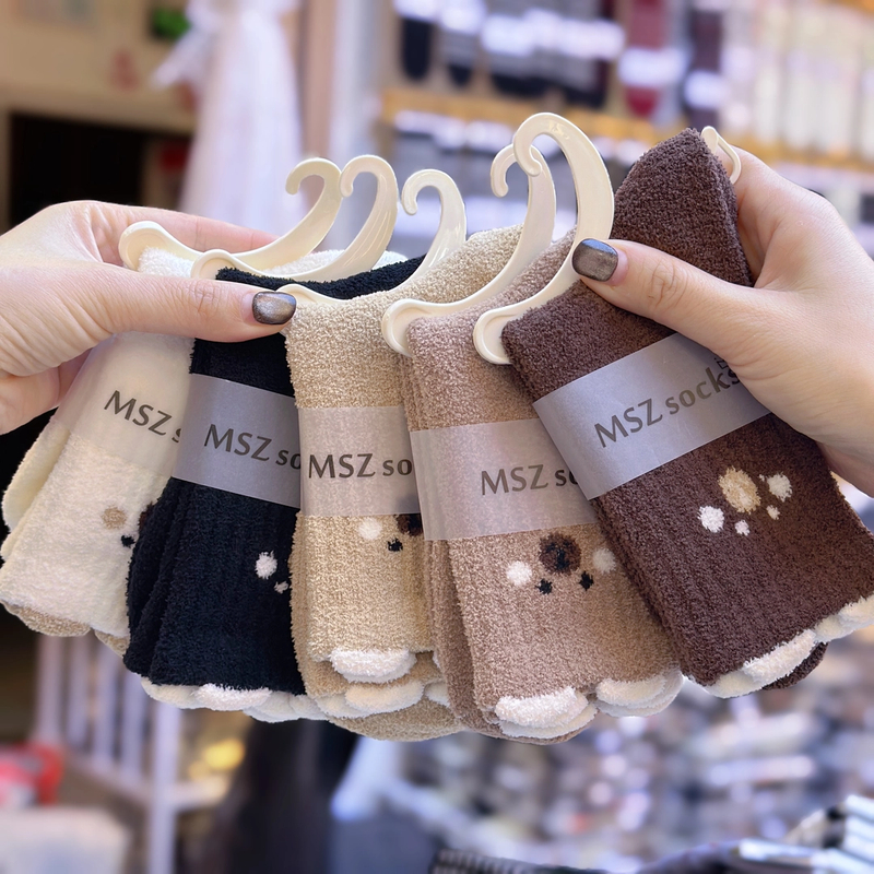 5双 精仿羊绒袜子女秋冬季加厚保暖珊瑚绒地板中筒袜百搭男士长筒