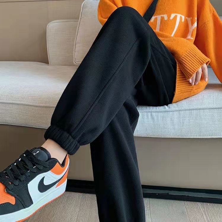 黑色运动裤女宽松束脚2023春秋款哈伦裤百搭显瘦棉质加绒休闲卫裤