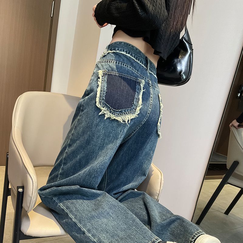 撞色高街直筒牛仔裤女春秋新款港风宽松高腰垂感拖地阔腿长裤子潮