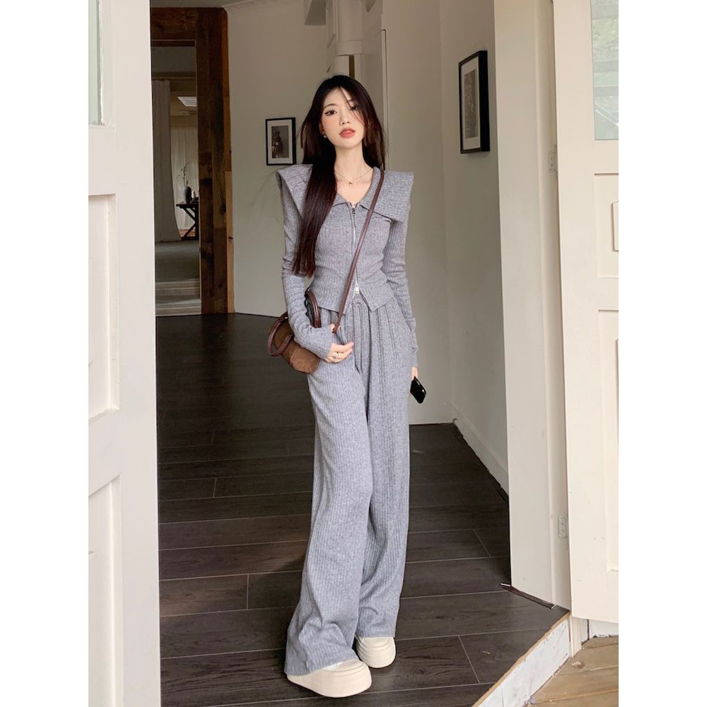 2023秋冬新款娃娃领时尚套装女修身显瘦翻领外套休闲阔腿裤两件套