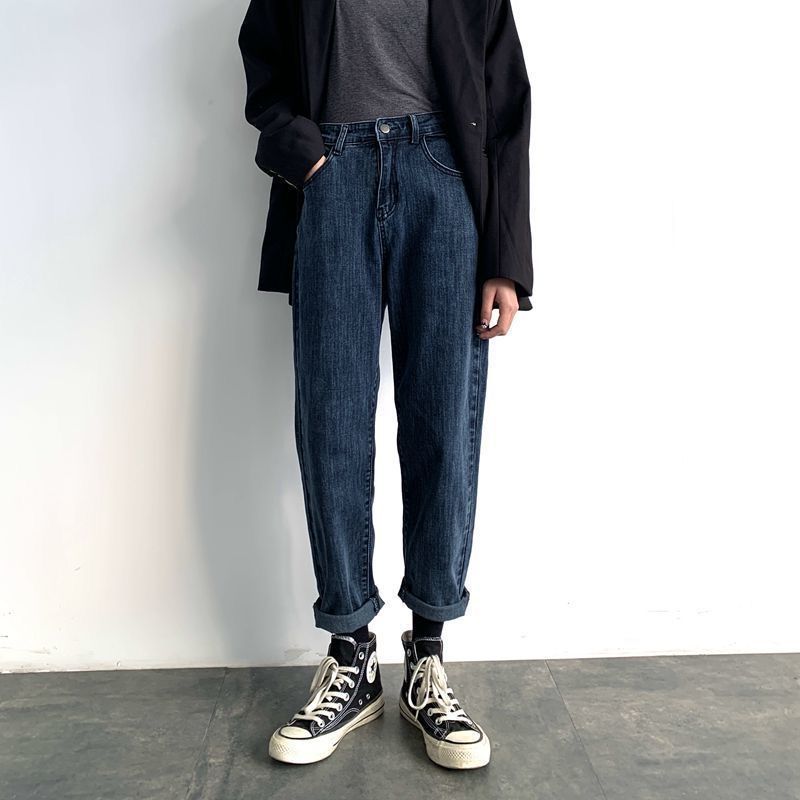 高腰哈伦牛仔裤女直筒宽松显瘦2023秋冬大码胖弹力老爹萝卜裤子