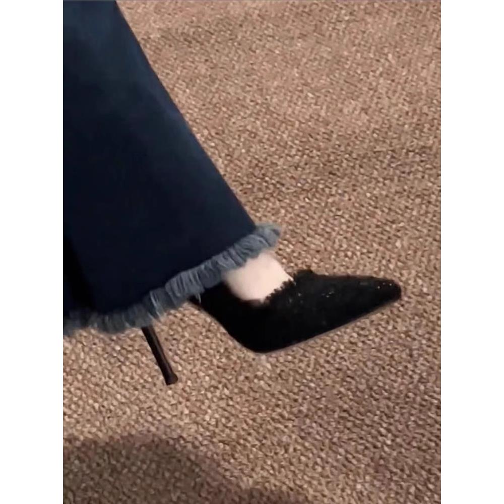 意尔康黑色编织v口高跟鞋秋冬2023新款小众尖头气质单鞋小香风细