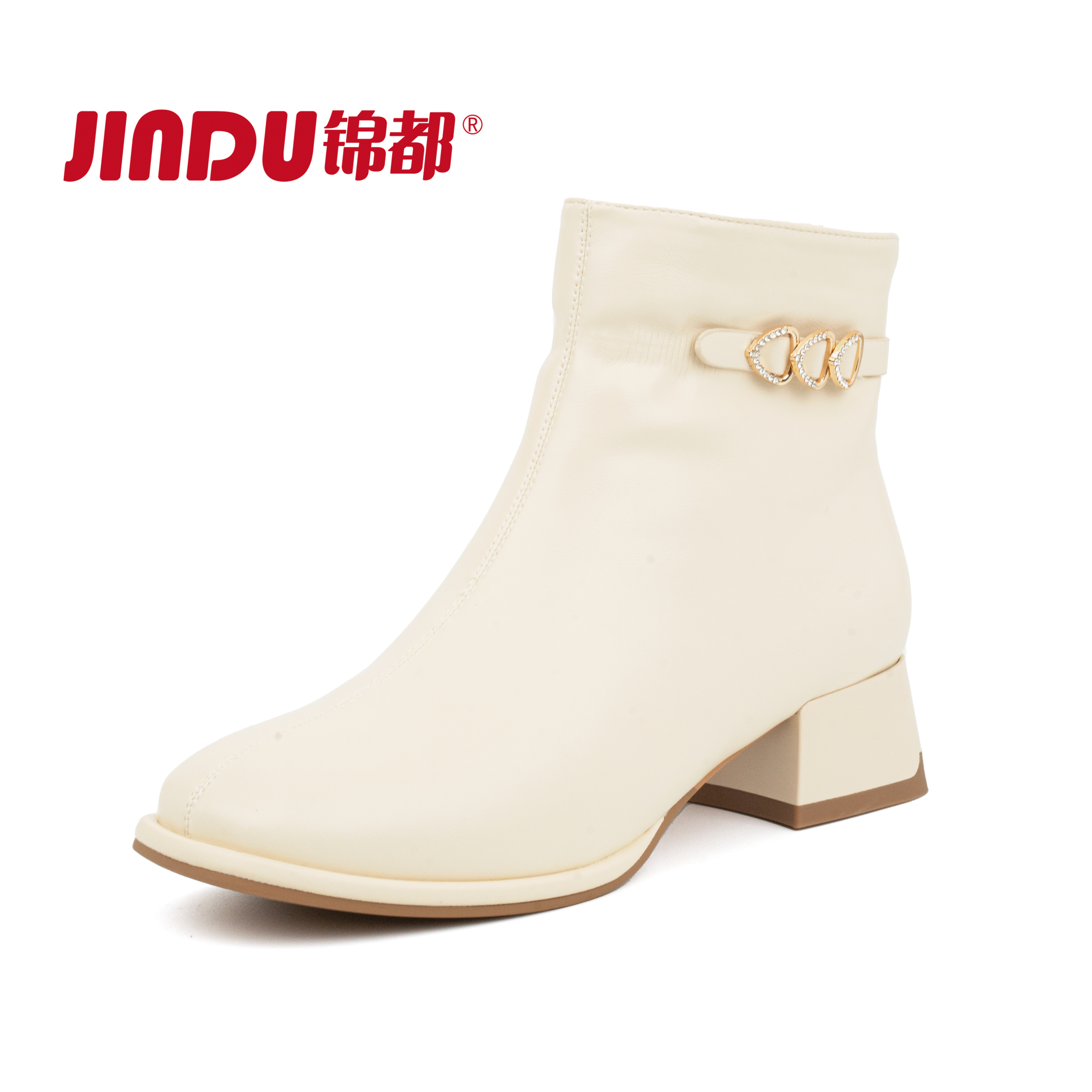 锦都短靴2024秋冬新款爆款时尚链条粗跟法式时装靴百搭休闲马丁靴