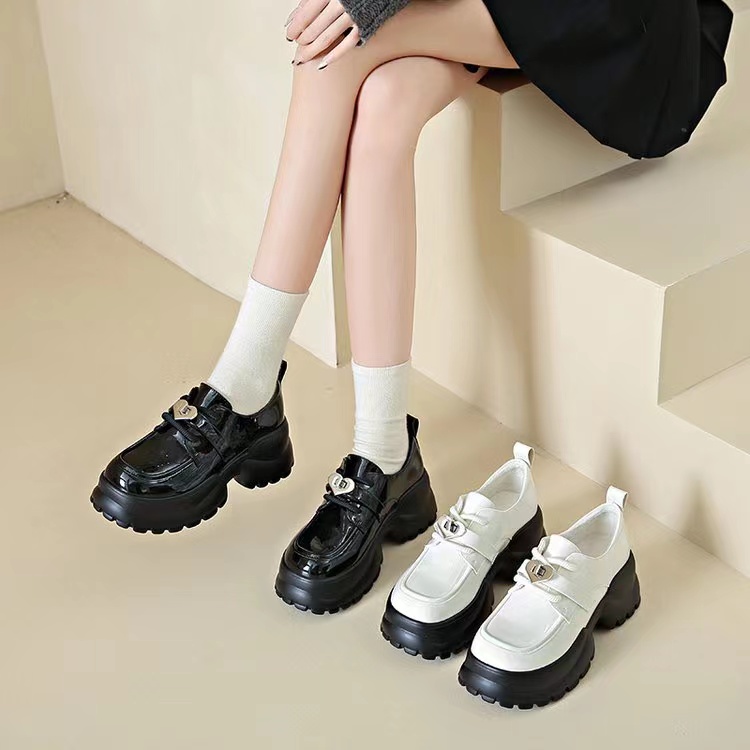 【新品】松糕乐福鞋女7cm厚底小个子复古加绒英伦风小皮鞋x66