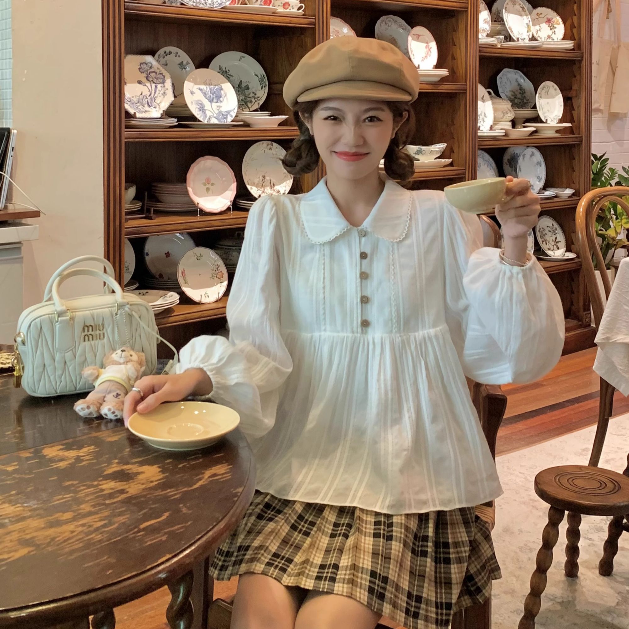 清 FF BLUE 甜妹也温柔设计感甜美娃娃领衬衫韩系白色内搭上衣