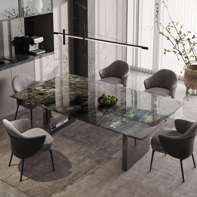 蓝翡翠奢石餐桌长方形意式轻奢高端大平层天然大理石芬迪白饭桌