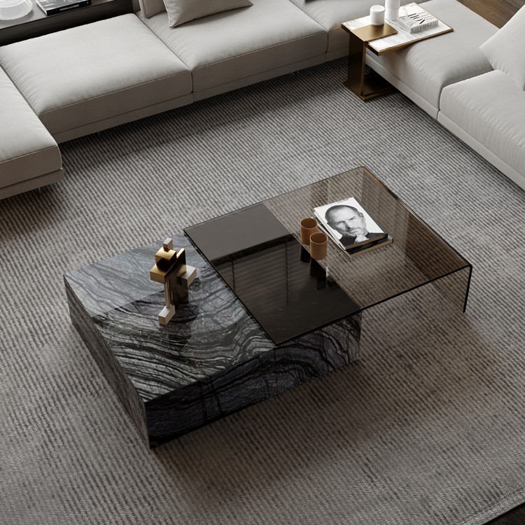 大理石茶几钢化玻璃可伸缩现代小户型客厅意式轻奢古木纹天然奢石